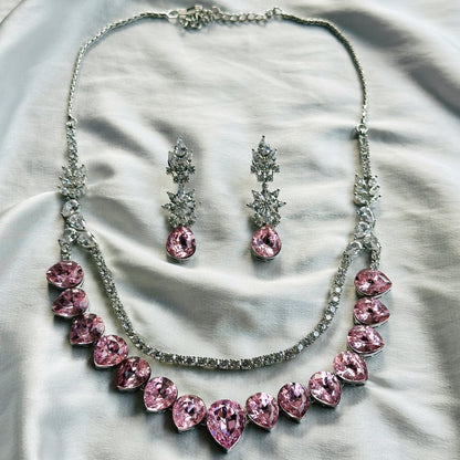 Light Rose Swarovski Crystals American Diamond Silver Plated Necklace Set