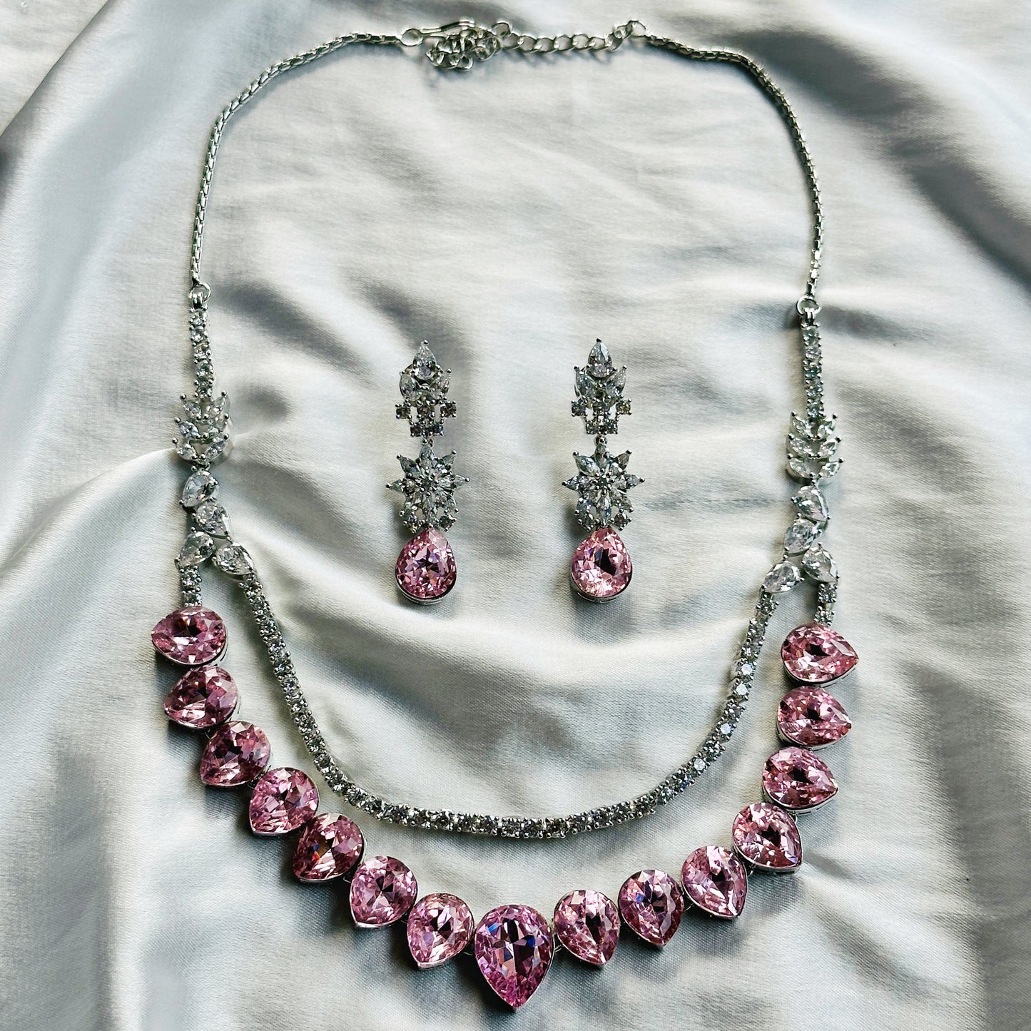 Light Rose Swarovski Crystals American Diamond Silver Plated Necklace Set