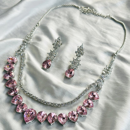 Light Rose Swarovski Crystals American Diamond Silver Plated Necklace Set