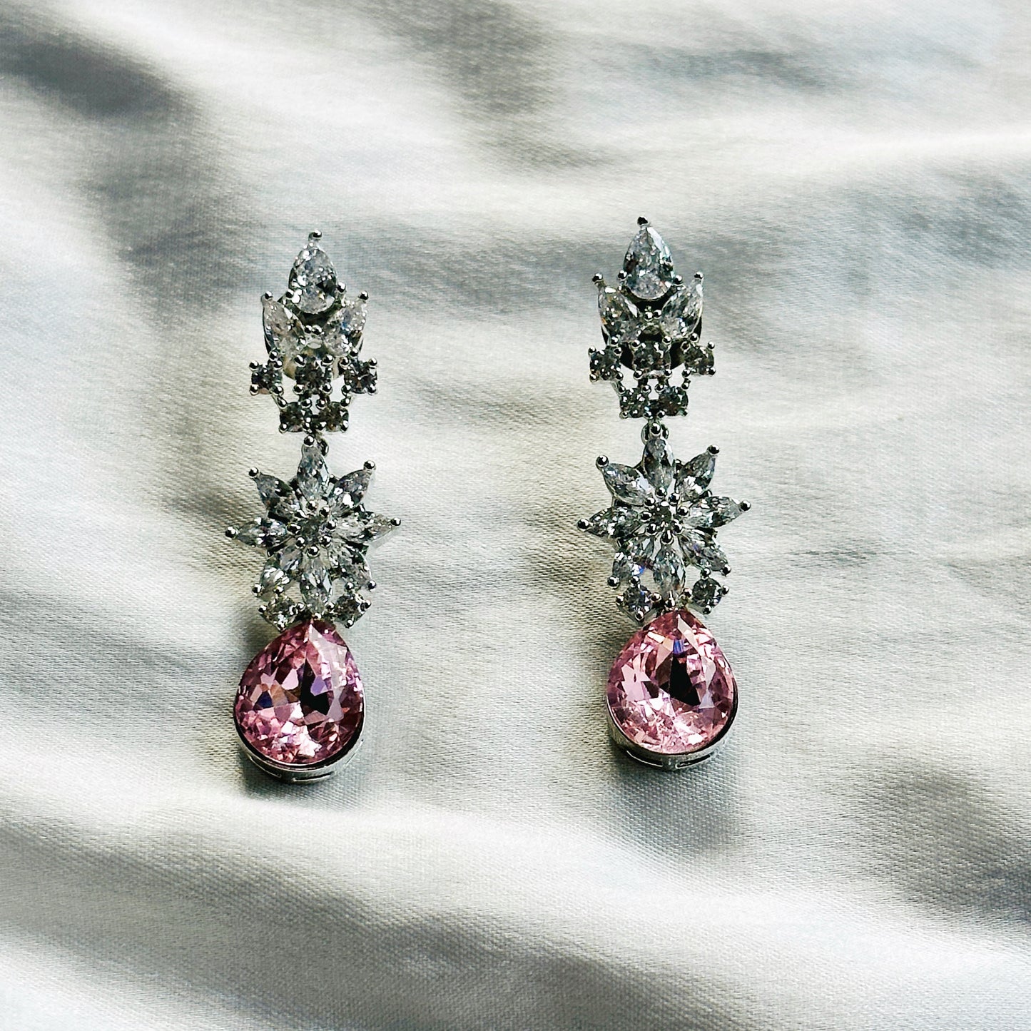 Light Rose Swarovski Crystals American Diamond Silver Plated Necklace Set