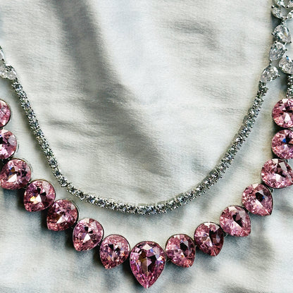 Light Rose Swarovski Crystals American Diamond Silver Plated Necklace Set