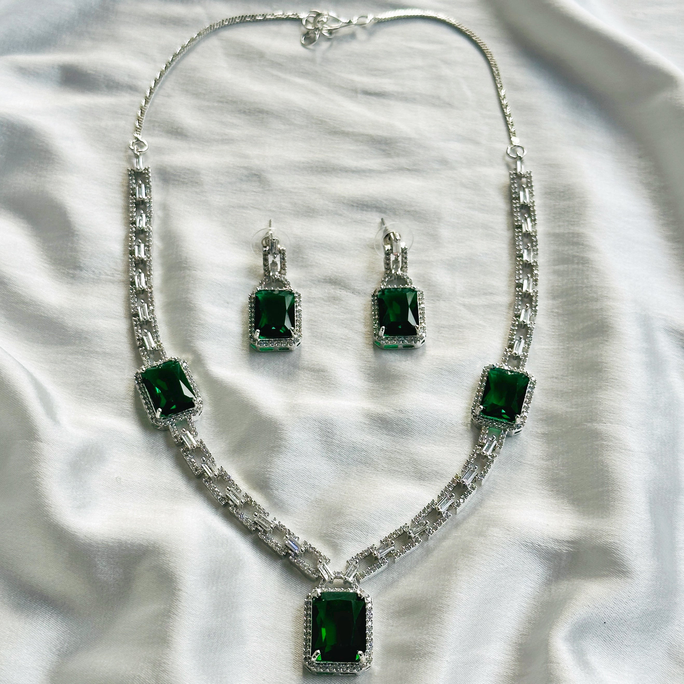 Green Emerald Cubic Zircon American Diamond Silver Plated Necklace Set