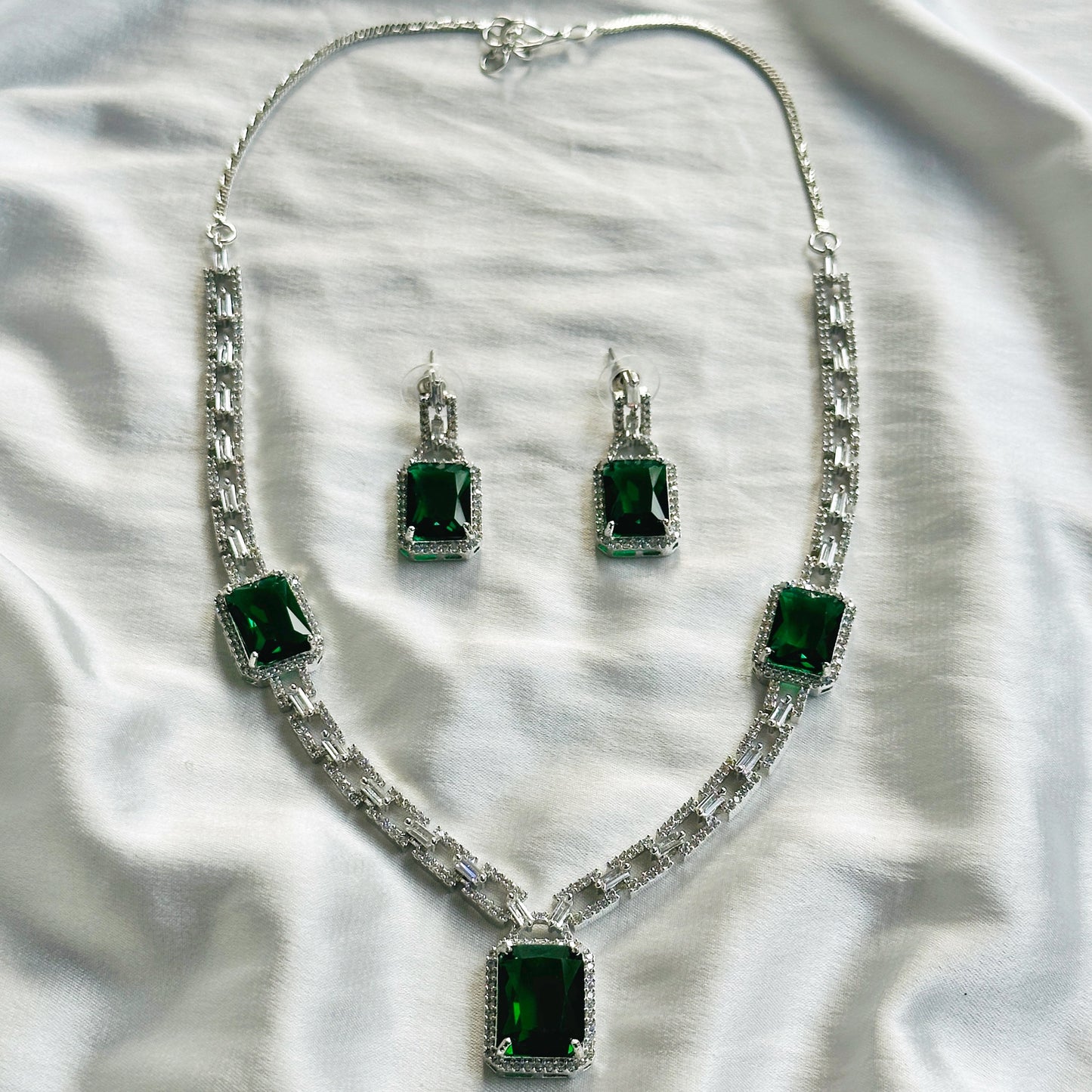 Green Emerald Cubic Zircon American Diamond Silver Plated Necklace Set