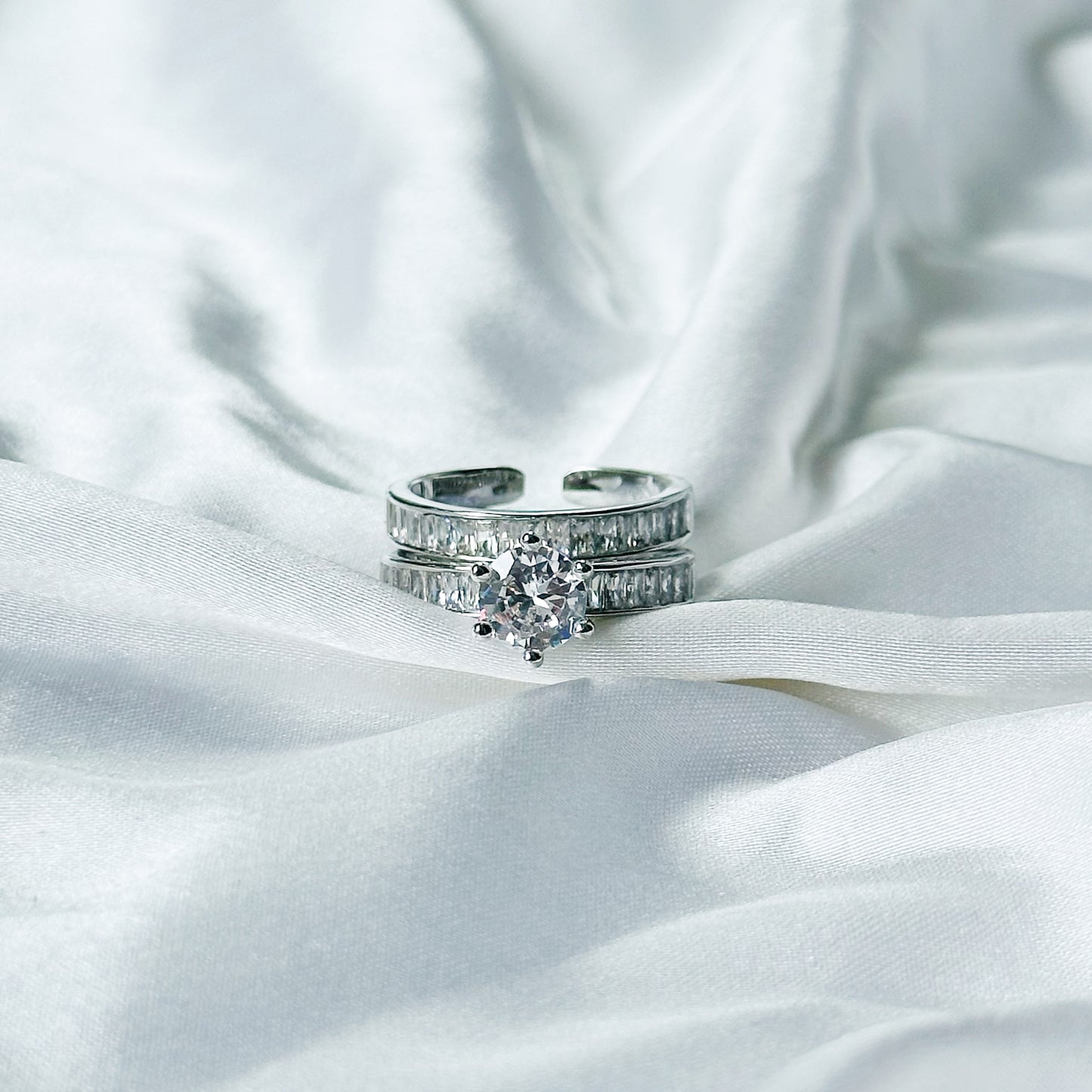 Solitaire Cubic Zirconia American Diamond Silver Plated Adjustable Ring