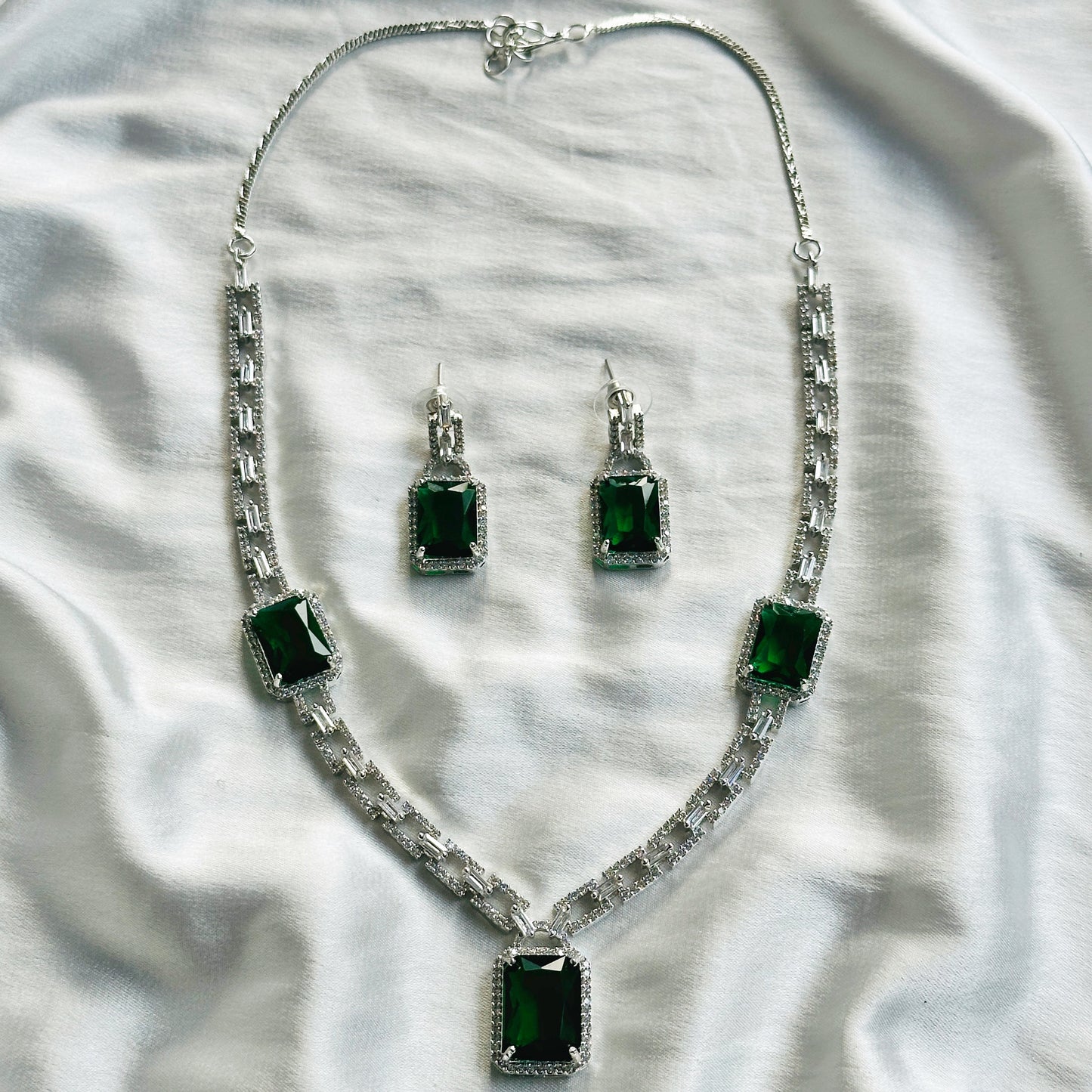 Green Emerald Cubic Zircon American Diamond Silver Plated Necklace Set