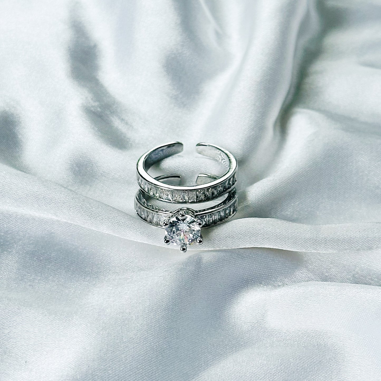 Solitaire Cubic Zirconia American Diamond Silver Plated Adjustable Ring
