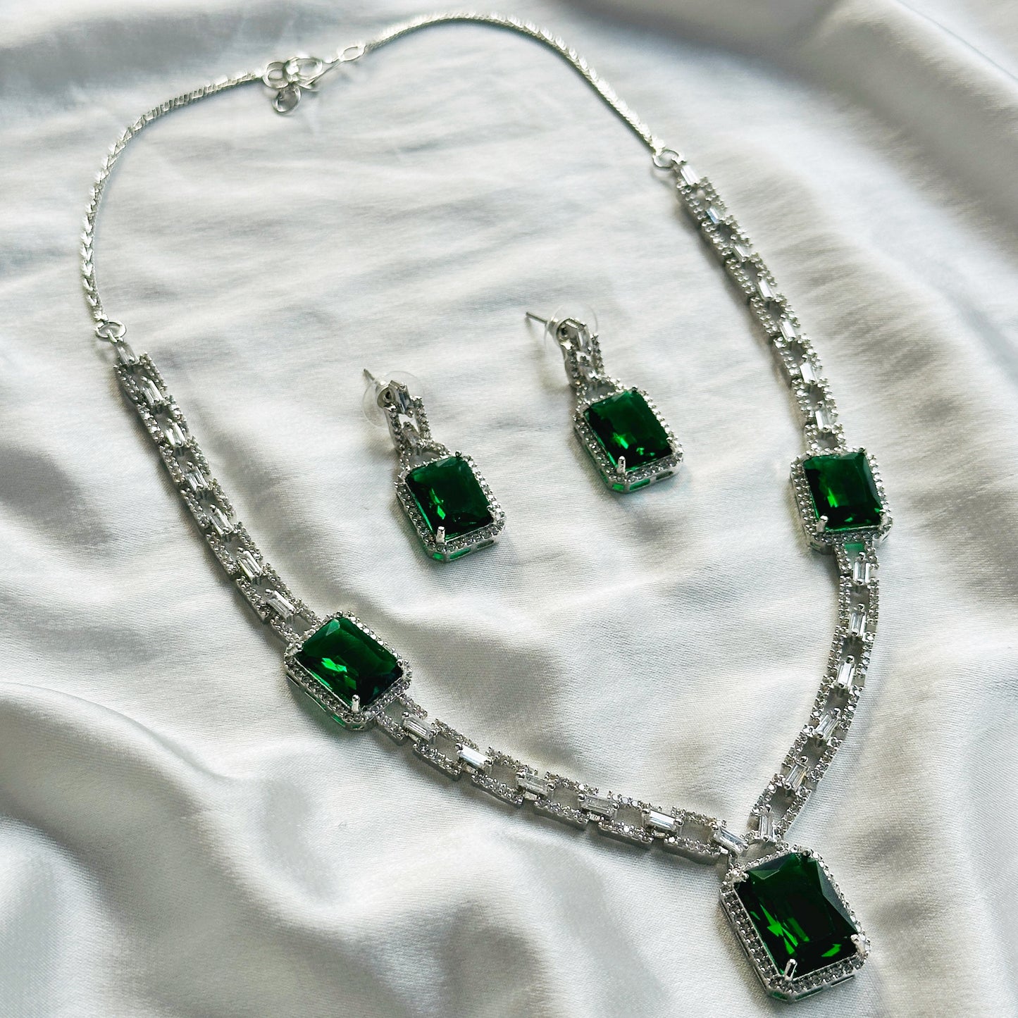 Green Emerald Cubic Zircon American Diamond Silver Plated Necklace Set