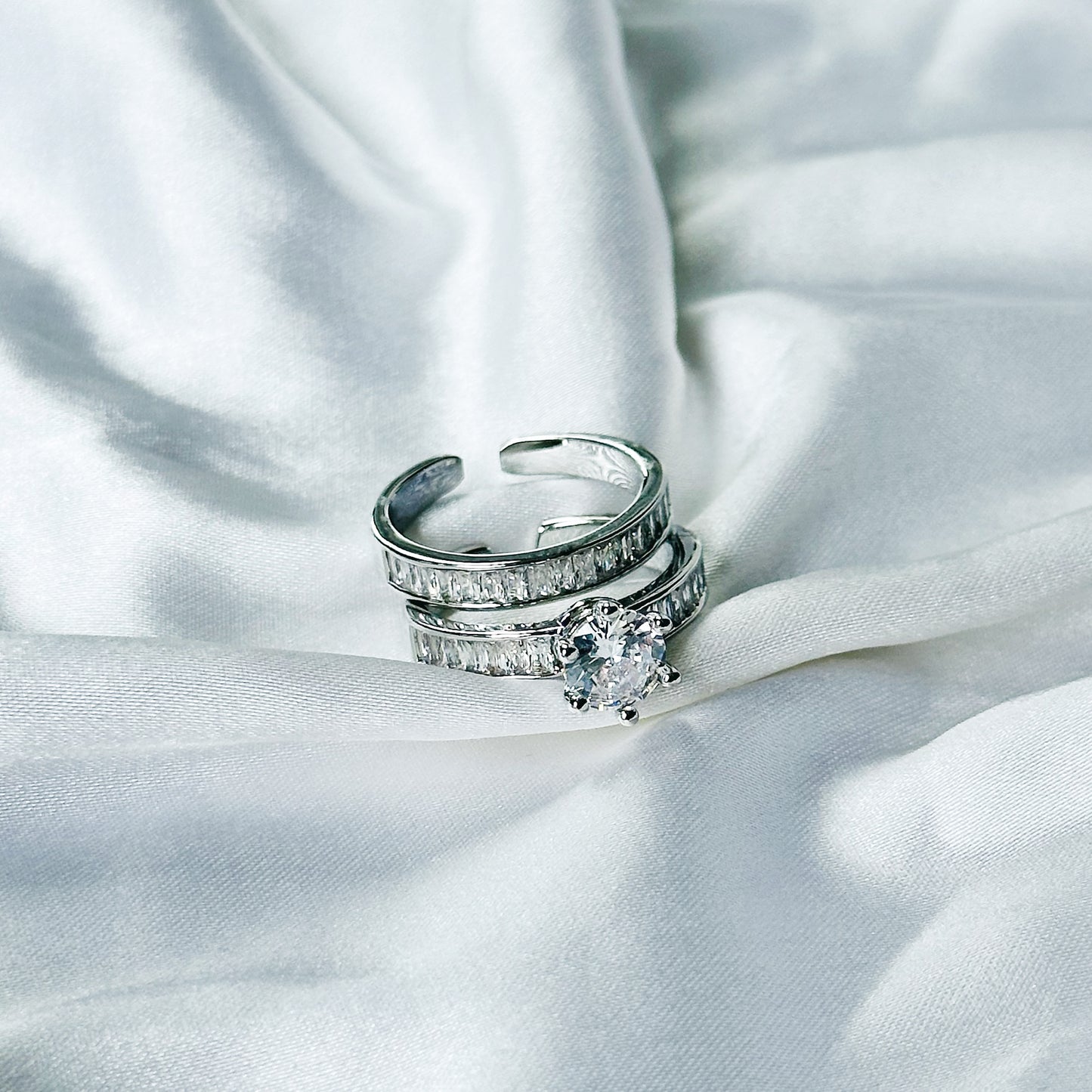 Solitaire Cubic Zirconia American Diamond Silver Plated Adjustable Ring