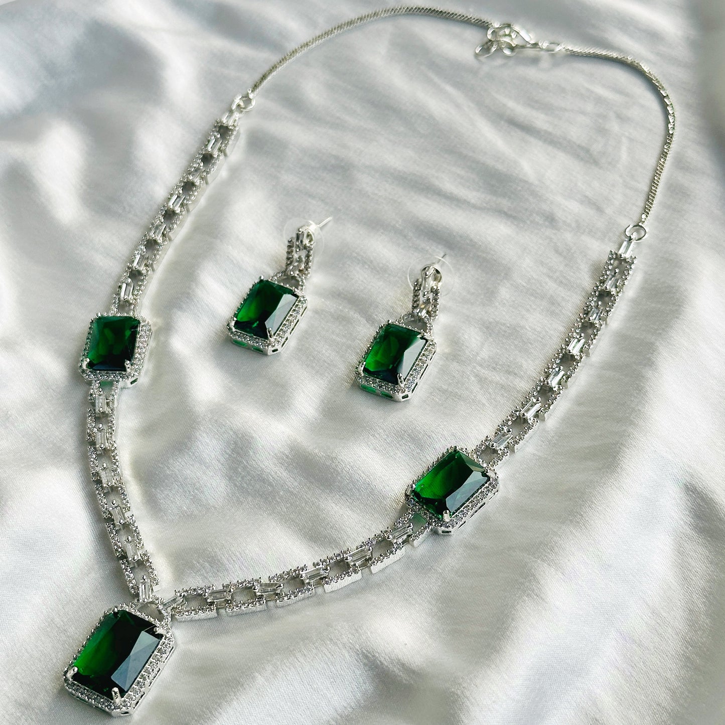 Green Emerald Cubic Zircon American Diamond Silver Plated Necklace Set