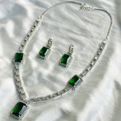 Green Emerald Cubic Zircon American Diamond Silver Plated Necklace Set