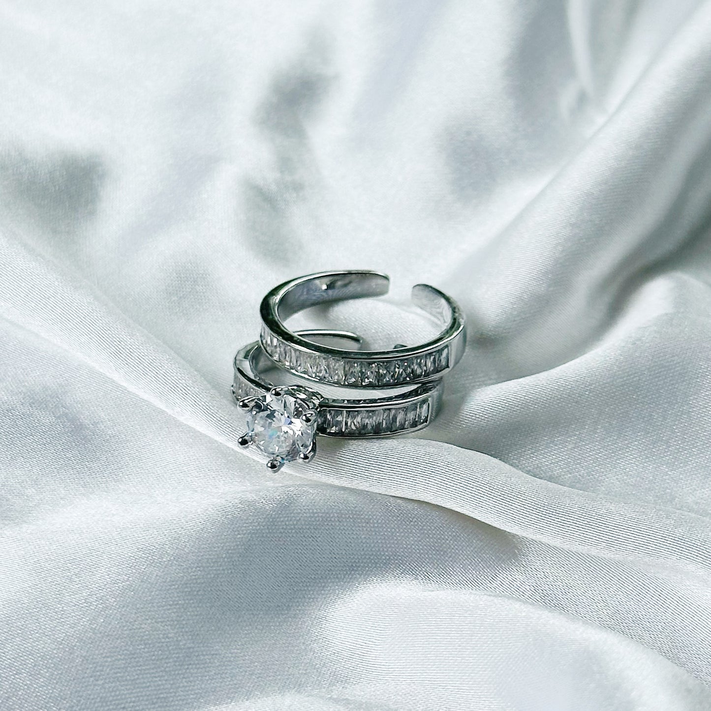 Solitaire Cubic Zirconia American Diamond Silver Plated Adjustable Ring