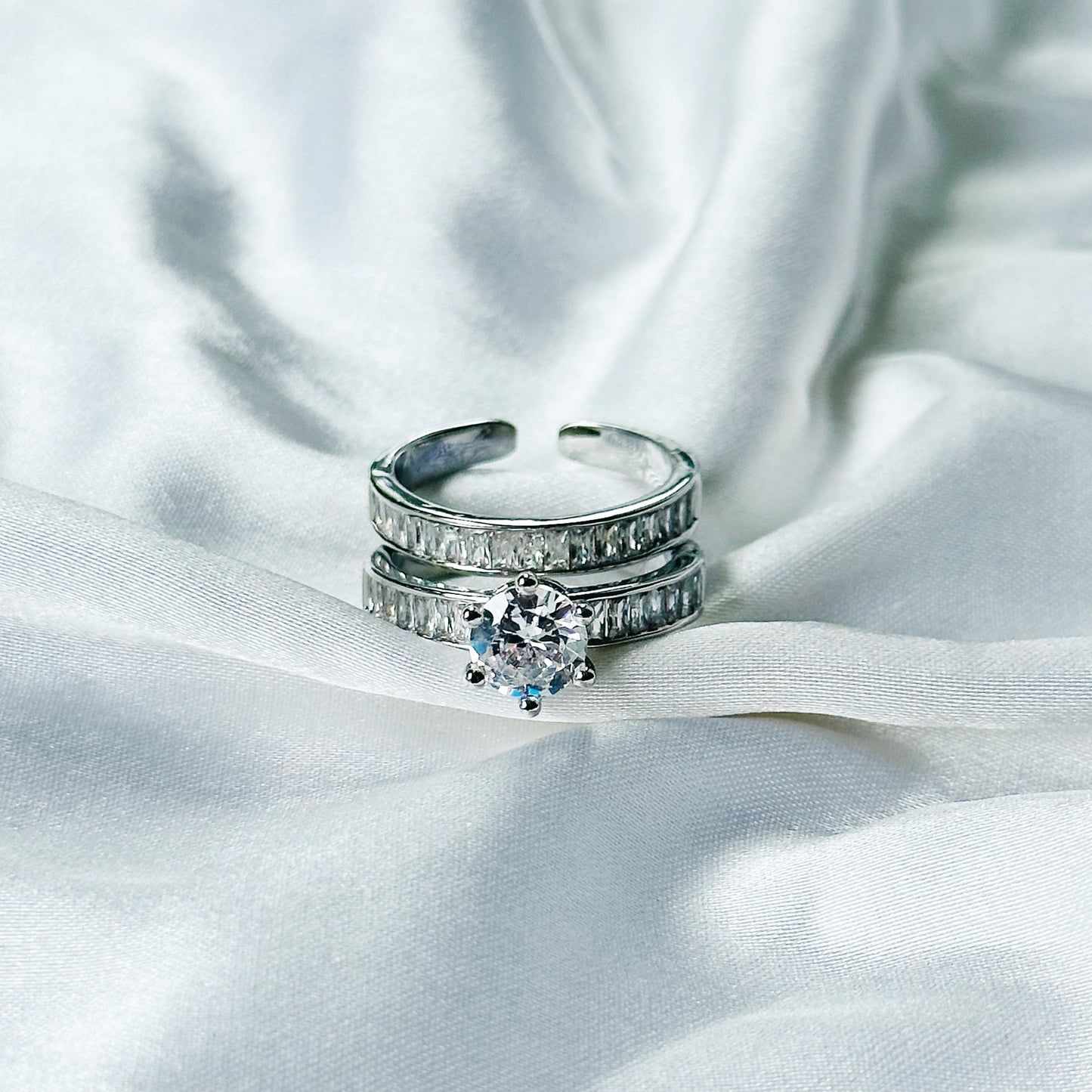 Solitaire Cubic Zirconia American Diamond Silver Plated Adjustable Ring