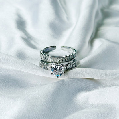 Solitaire Cubic Zirconia American Diamond Silver Plated Adjustable Ring