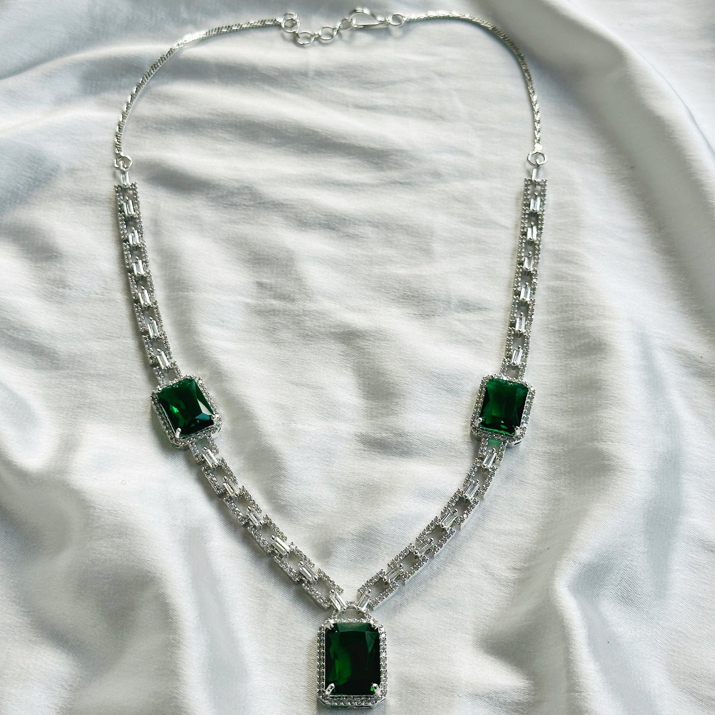 Green Emerald Cubic Zircon American Diamond Silver Plated Necklace Set
