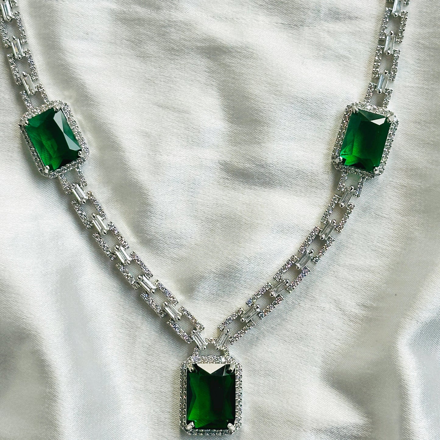 Green Emerald Cubic Zircon American Diamond Silver Plated Necklace Set