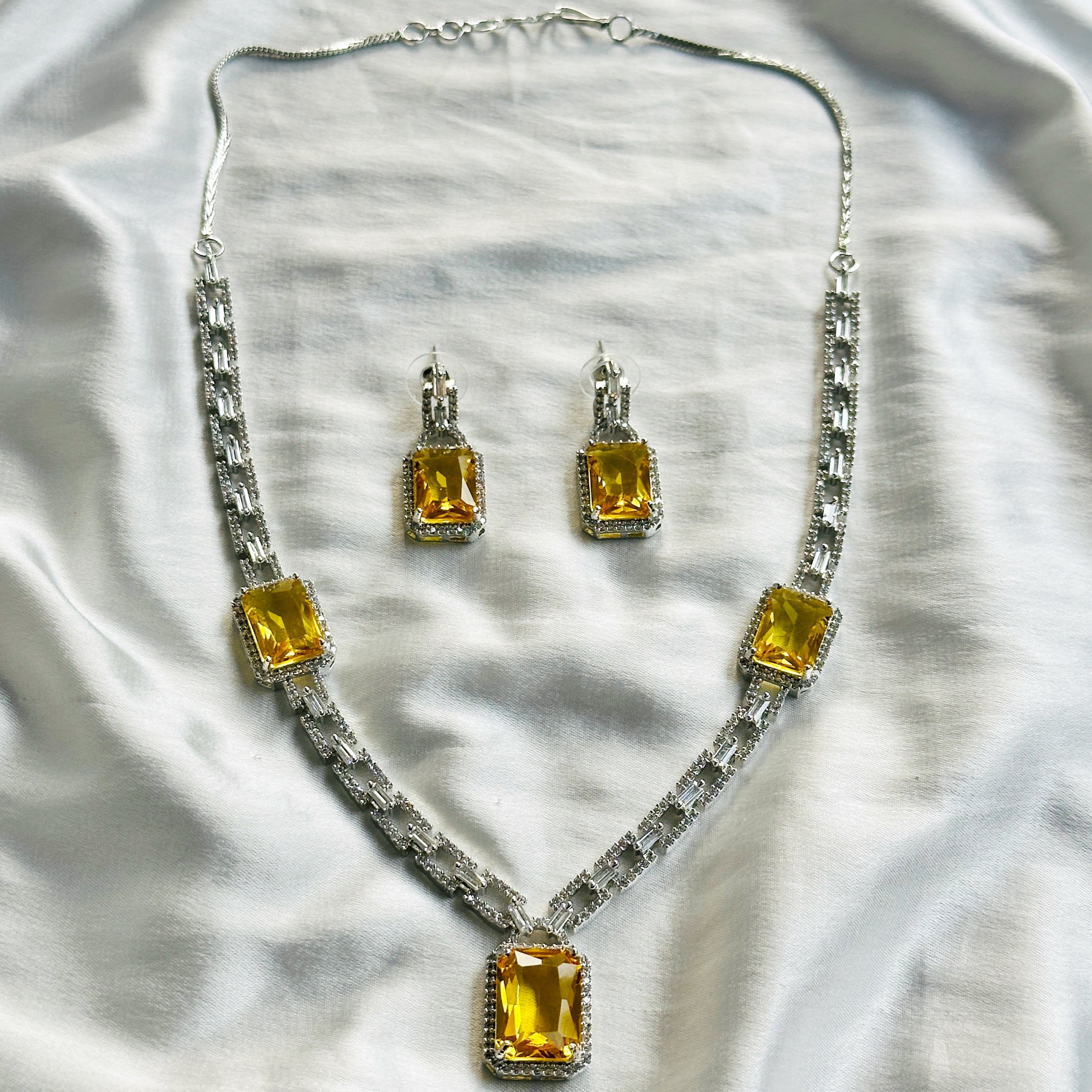 Yellow Topaz Cubic Zircon American Diamond Silver Plated Necklace Set