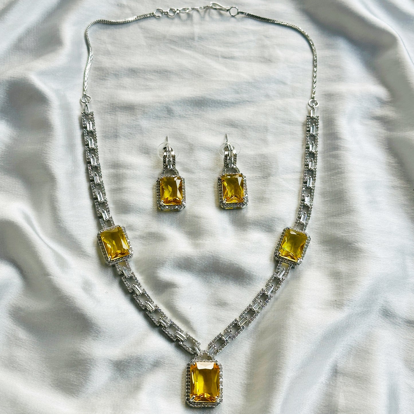 Yellow Topaz Cubic Zircon American Diamond Silver Plated Necklace Set