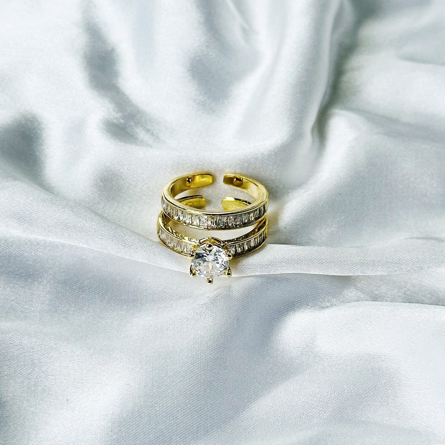 Solitaire Cubic Zirconia American Diamond Gold Plated Adjustable Ring