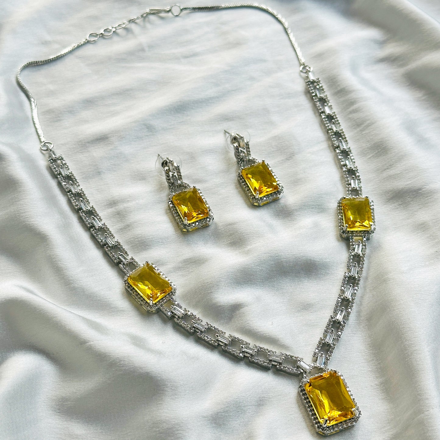 Yellow Topaz Cubic Zircon American Diamond Silver Plated Necklace Set