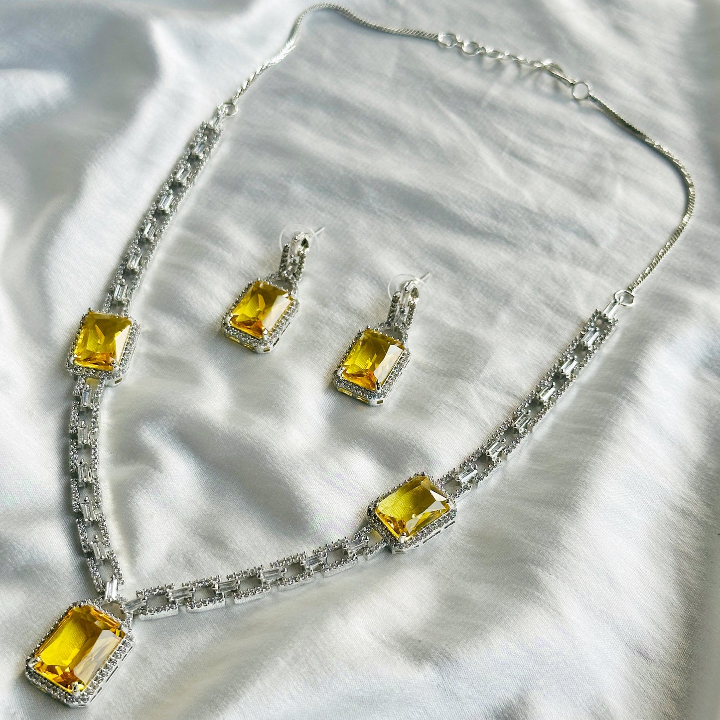Yellow Topaz Cubic Zircon American Diamond Silver Plated Necklace Set