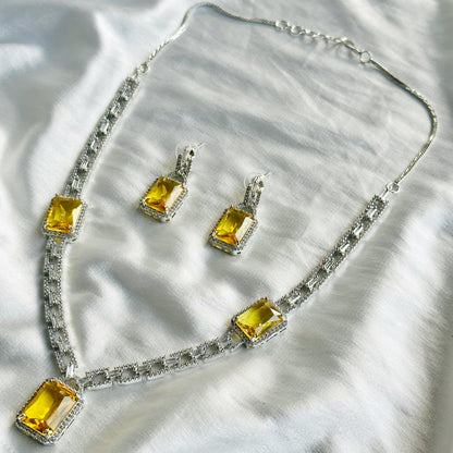 Yellow Topaz Cubic Zircon American Diamond Silver Plated Necklace Set