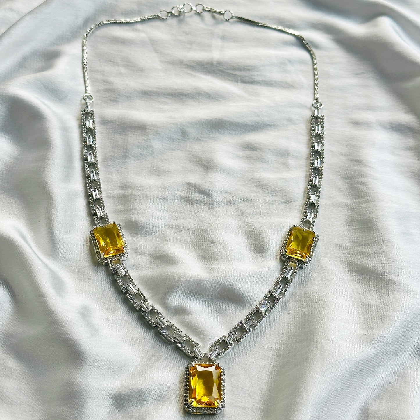 Yellow Topaz Cubic Zircon American Diamond Silver Plated Necklace Set