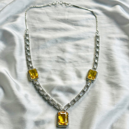 Yellow Topaz Cubic Zircon American Diamond Silver Plated Necklace Set