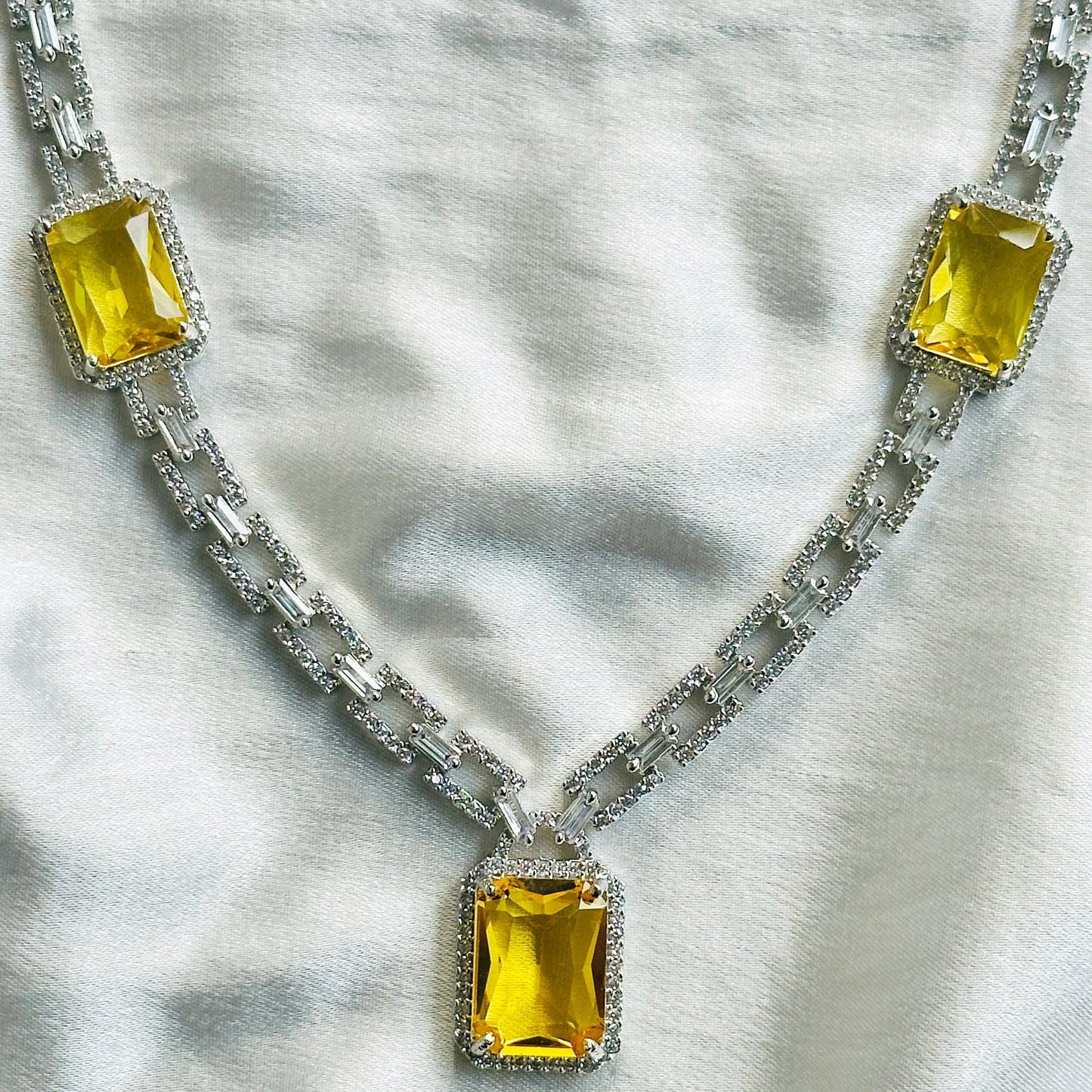 Yellow Topaz Cubic Zircon American Diamond Silver Plated Necklace Set
