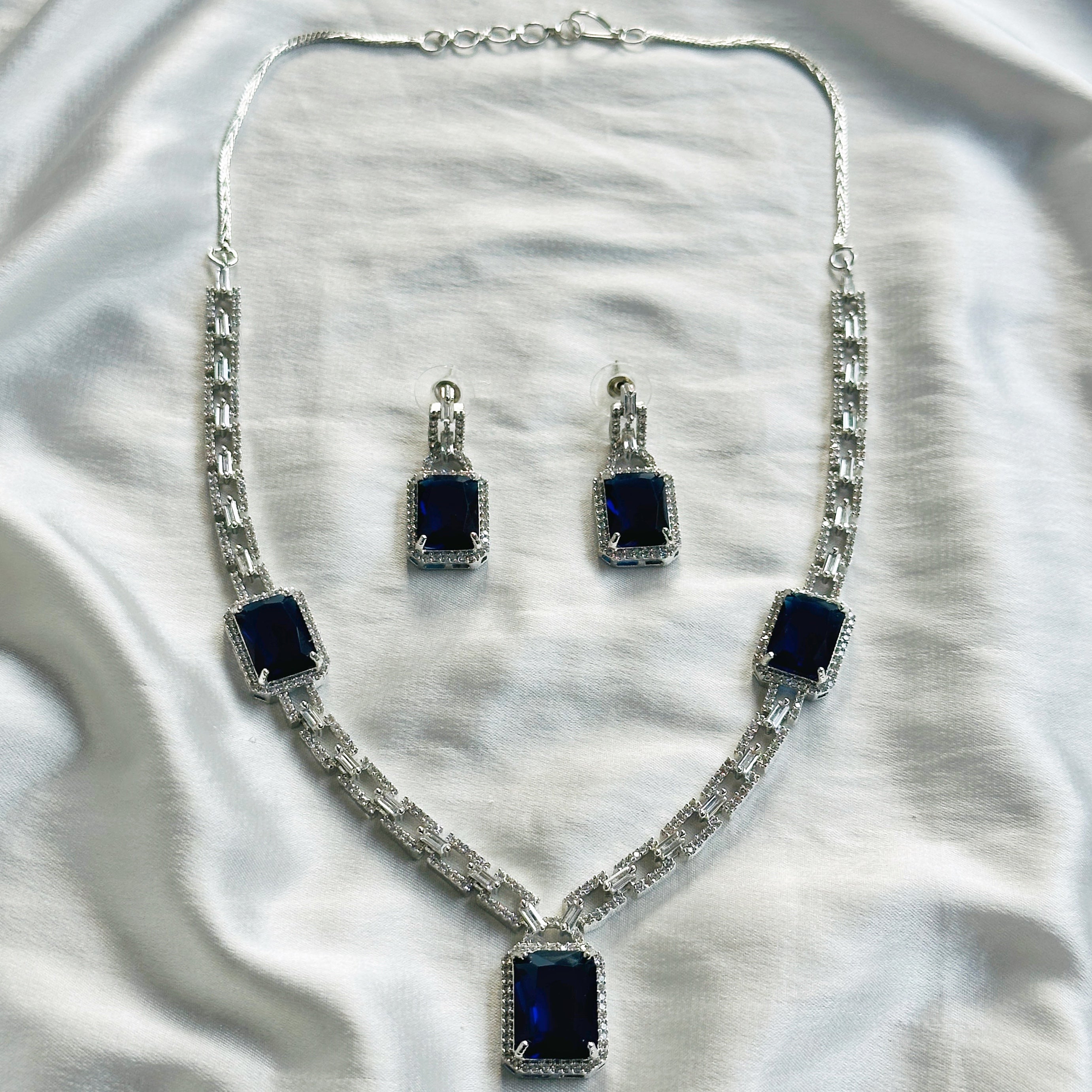 Blue Sapphire Cubic Zircon American Diamond Silver Plated Necklace Set