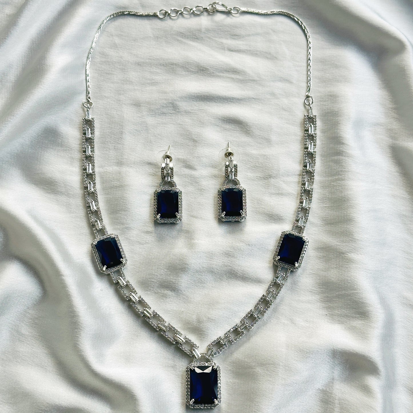 Blue Sapphire Cubic Zircon American Diamond Silver Plated Necklace Set