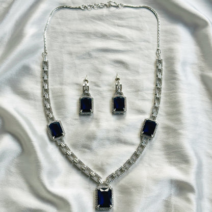 Blue Sapphire Cubic Zircon American Diamond Silver Plated Necklace Set