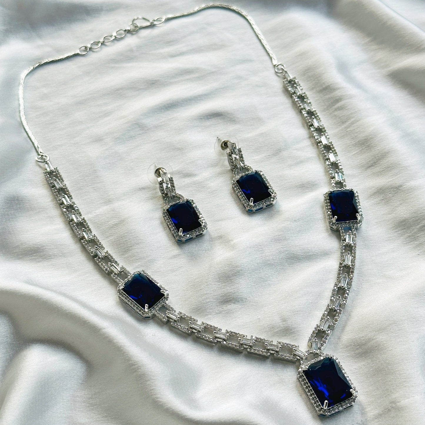 Blue Sapphire Cubic Zircon American Diamond Silver Plated Necklace Set