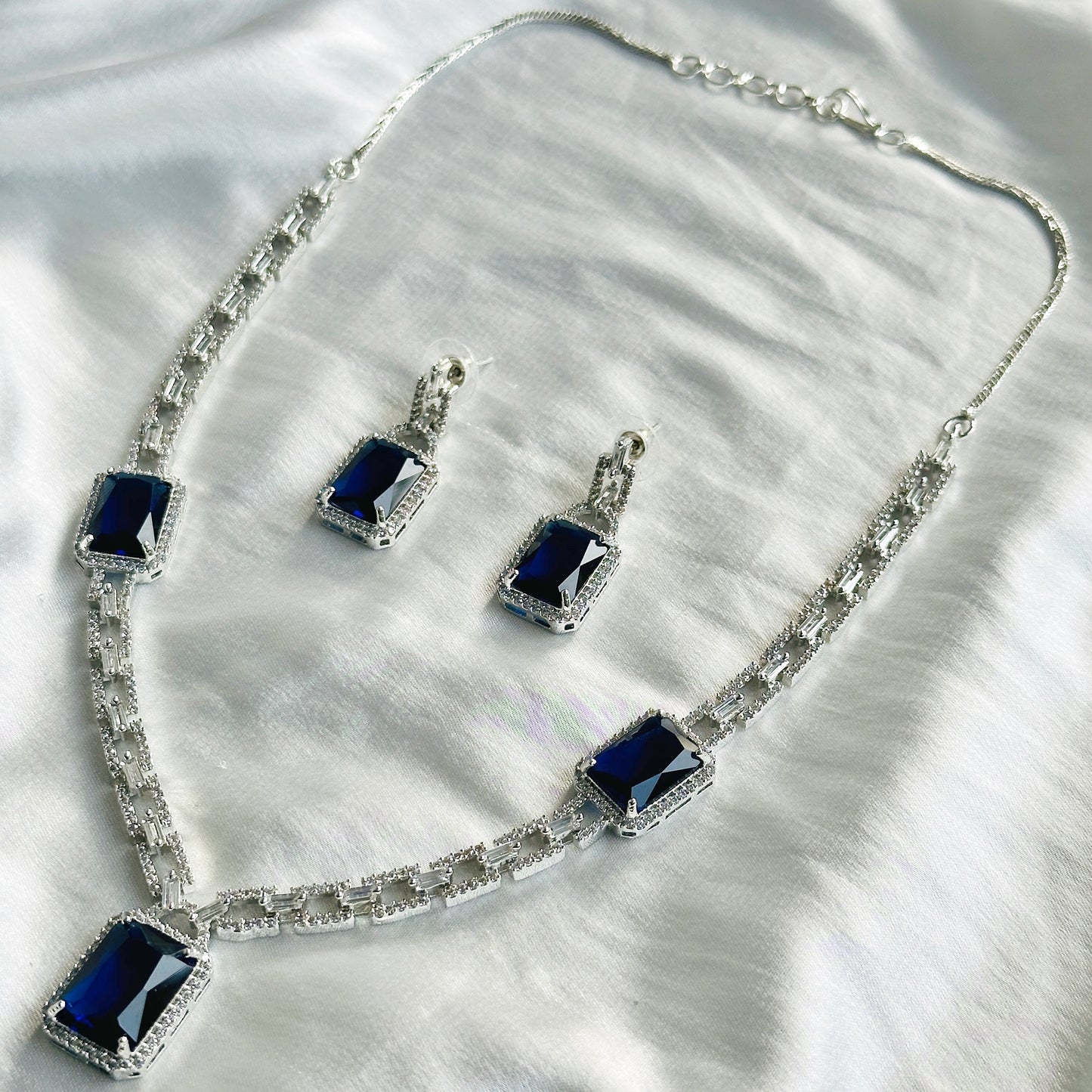 Blue Sapphire Cubic Zircon American Diamond Silver Plated Necklace Set