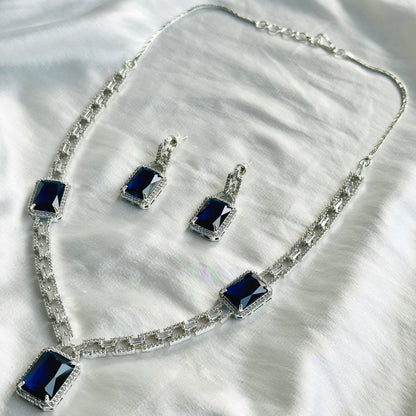 Blue Sapphire Cubic Zircon American Diamond Silver Plated Necklace Set