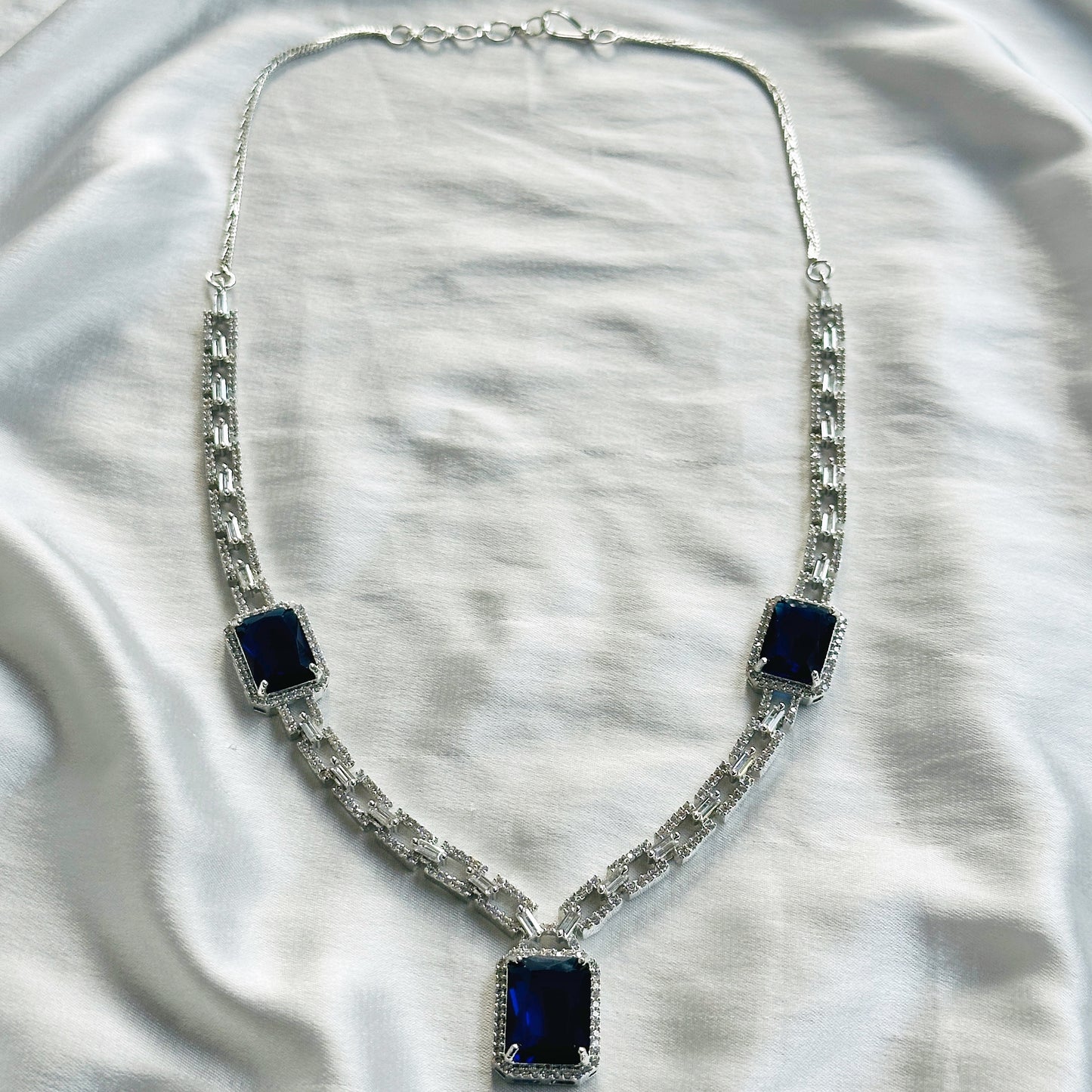 Blue Sapphire Cubic Zircon American Diamond Silver Plated Necklace Set