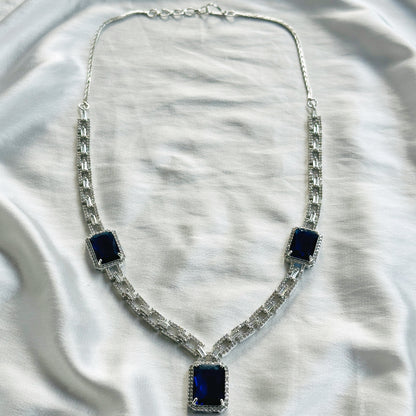 Blue Sapphire Cubic Zircon American Diamond Silver Plated Necklace Set