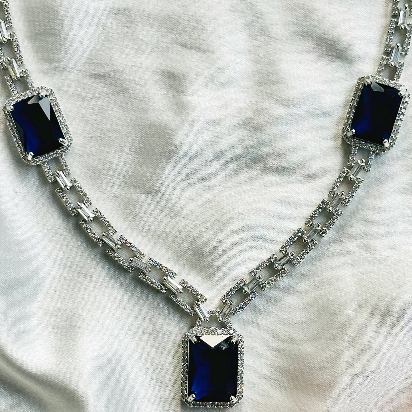 Blue Sapphire Cubic Zircon American Diamond Silver Plated Necklace Set