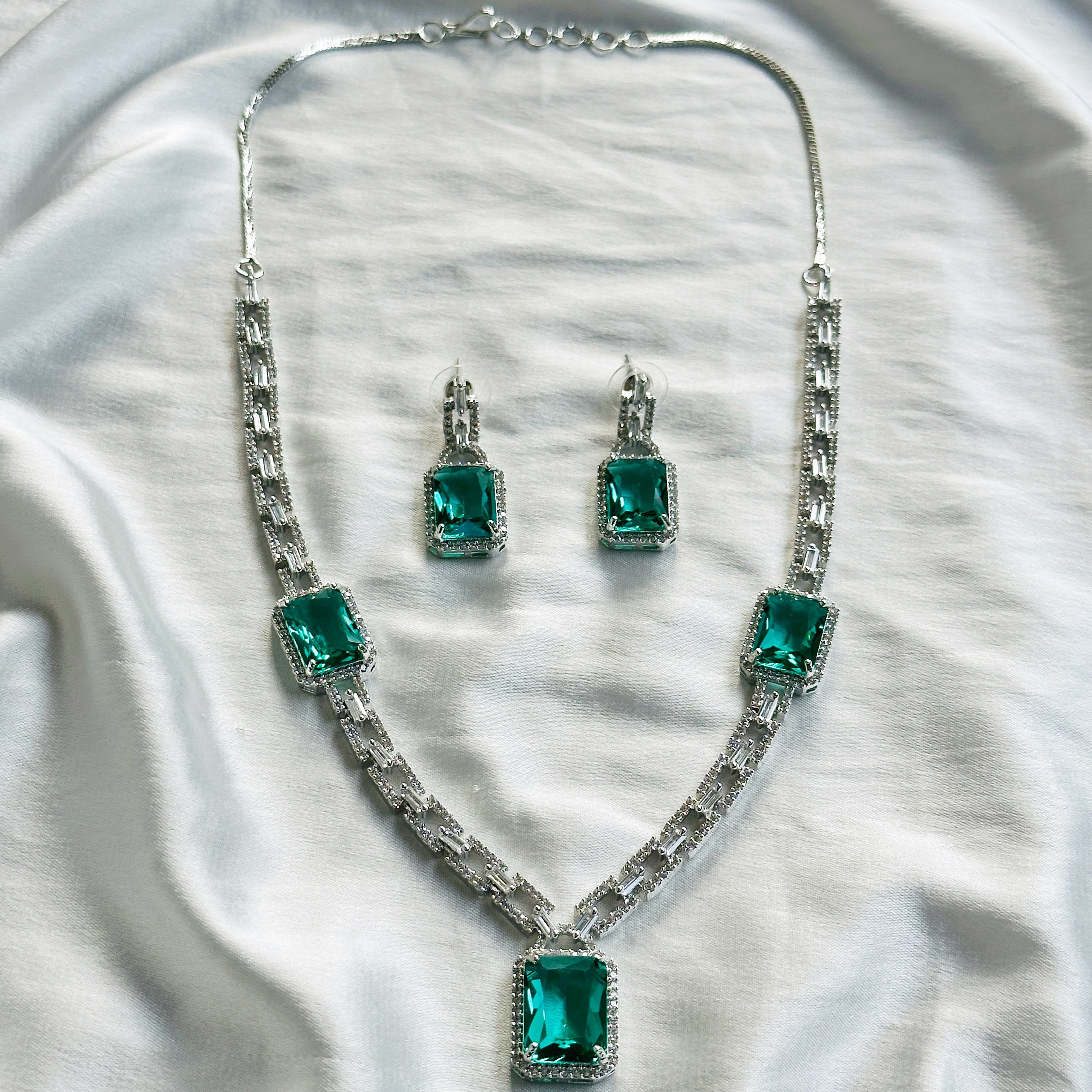Sea Green Topaz Cubic Zircon American Diamond Silver Plated Necklace Set