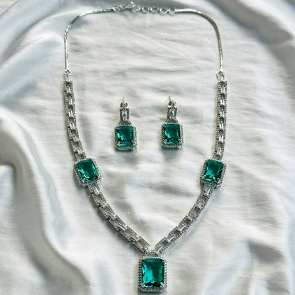 Sea Green Topaz Cubic Zircon American Diamond Silver Plated Necklace Set