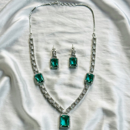 Sea Green Topaz Cubic Zircon American Diamond Silver Plated Necklace Set