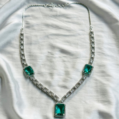 Sea Green Topaz Cubic Zircon American Diamond Silver Plated Necklace Set