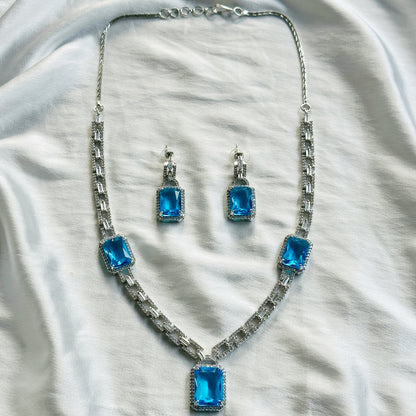 Aqua Blue Sapphire Cubic Zircon American Diamond Silver Plated Necklace Set