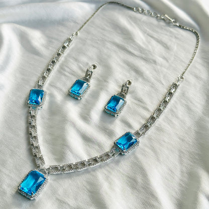 Aqua Blue Sapphire Cubic Zircon American Diamond Silver Plated Necklace Set