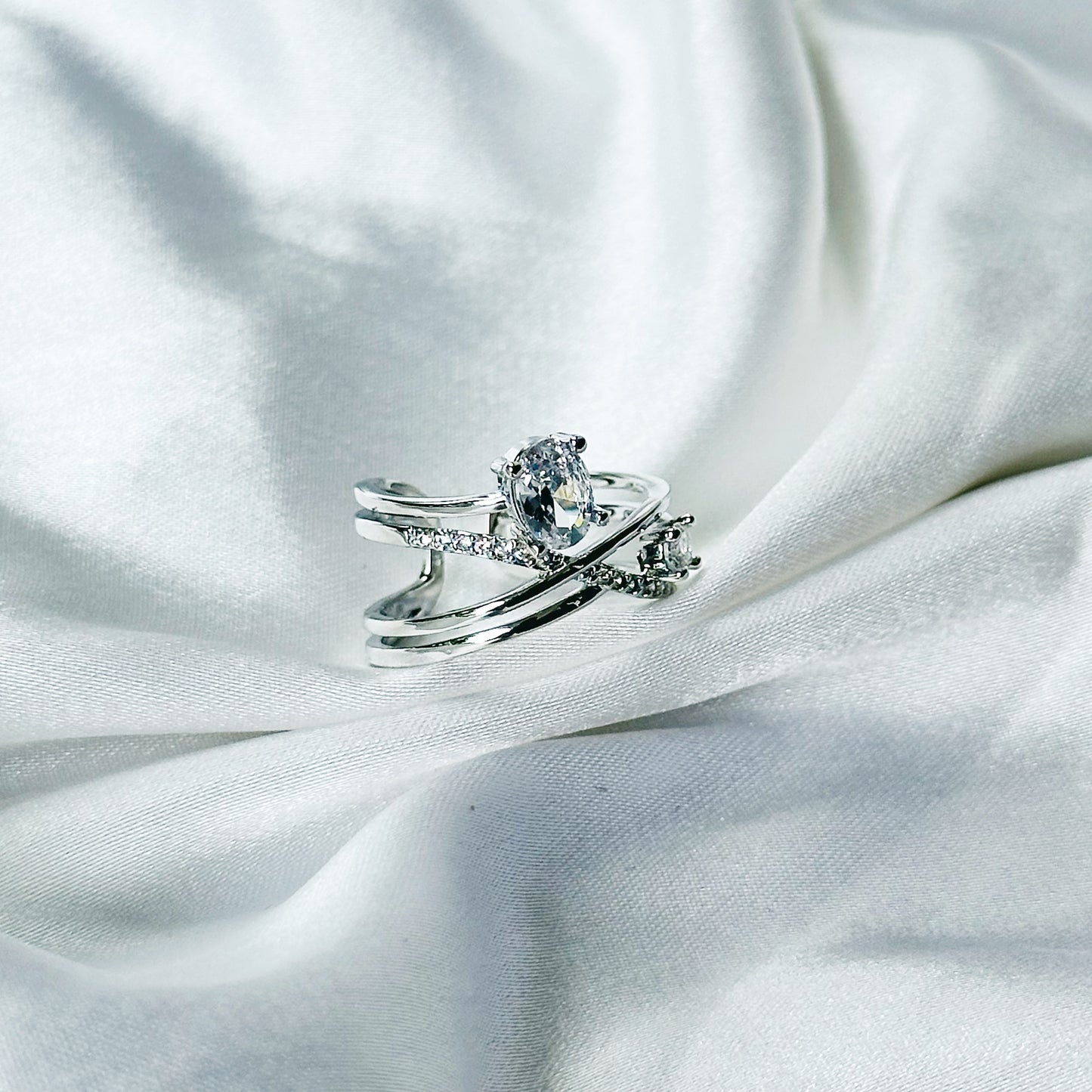 Solitaire Cubic Zirconia American Diamond Silver Plated Adjustable Ring