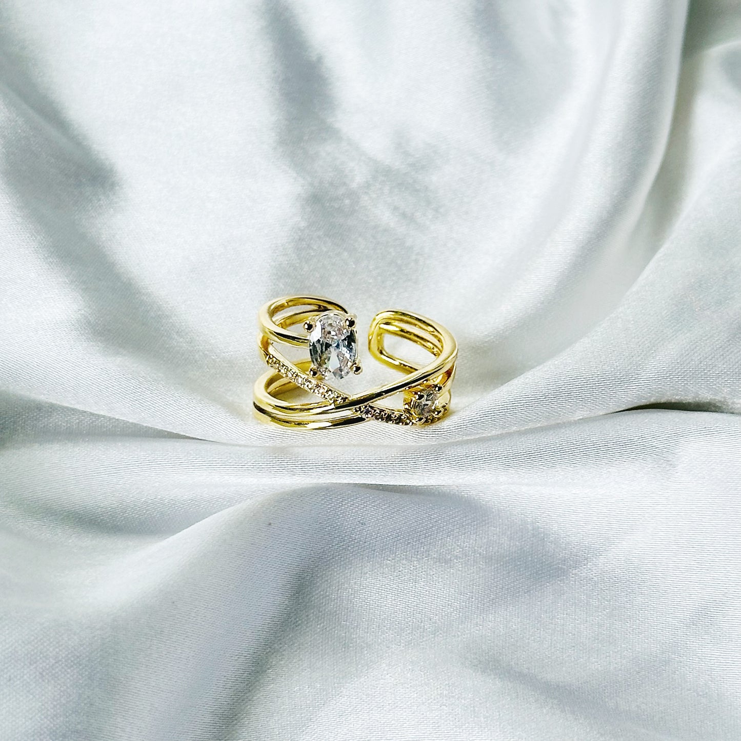 Solitaire Cubic Zirconia American Diamond Gold Plated Adjustable Ring