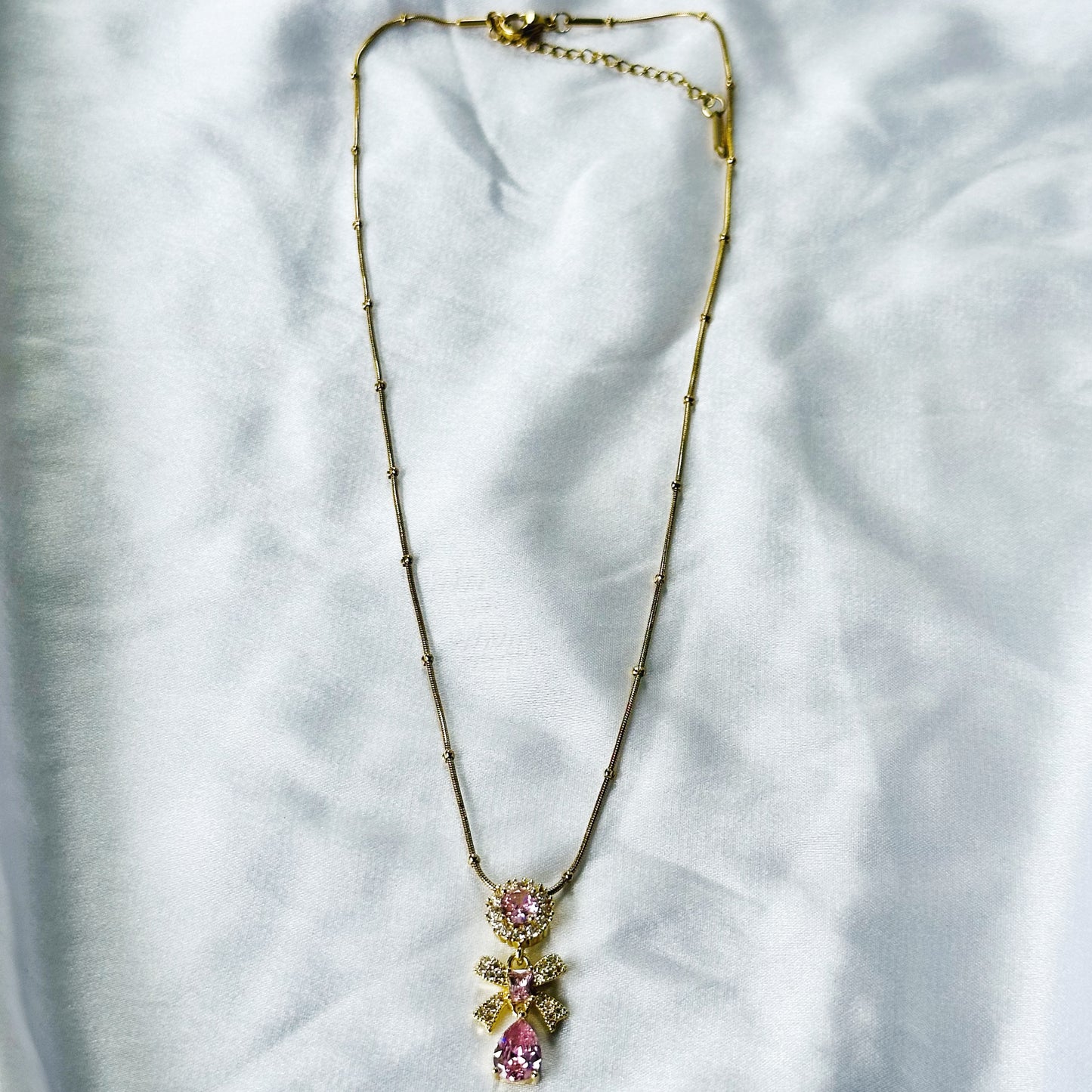 Pink Topaz Cubic Zirconia Tulip Design American Diamond Gold Plated Stainless Steel Necklace