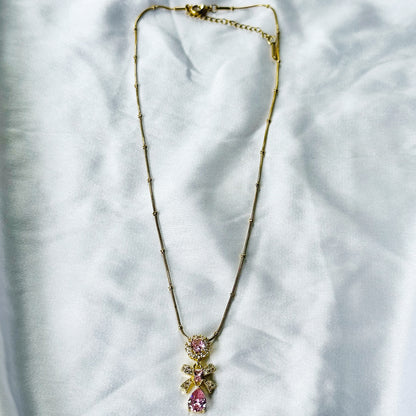 Pink Topaz Cubic Zirconia Tulip Design American Diamond Gold Plated Stainless Steel Necklace