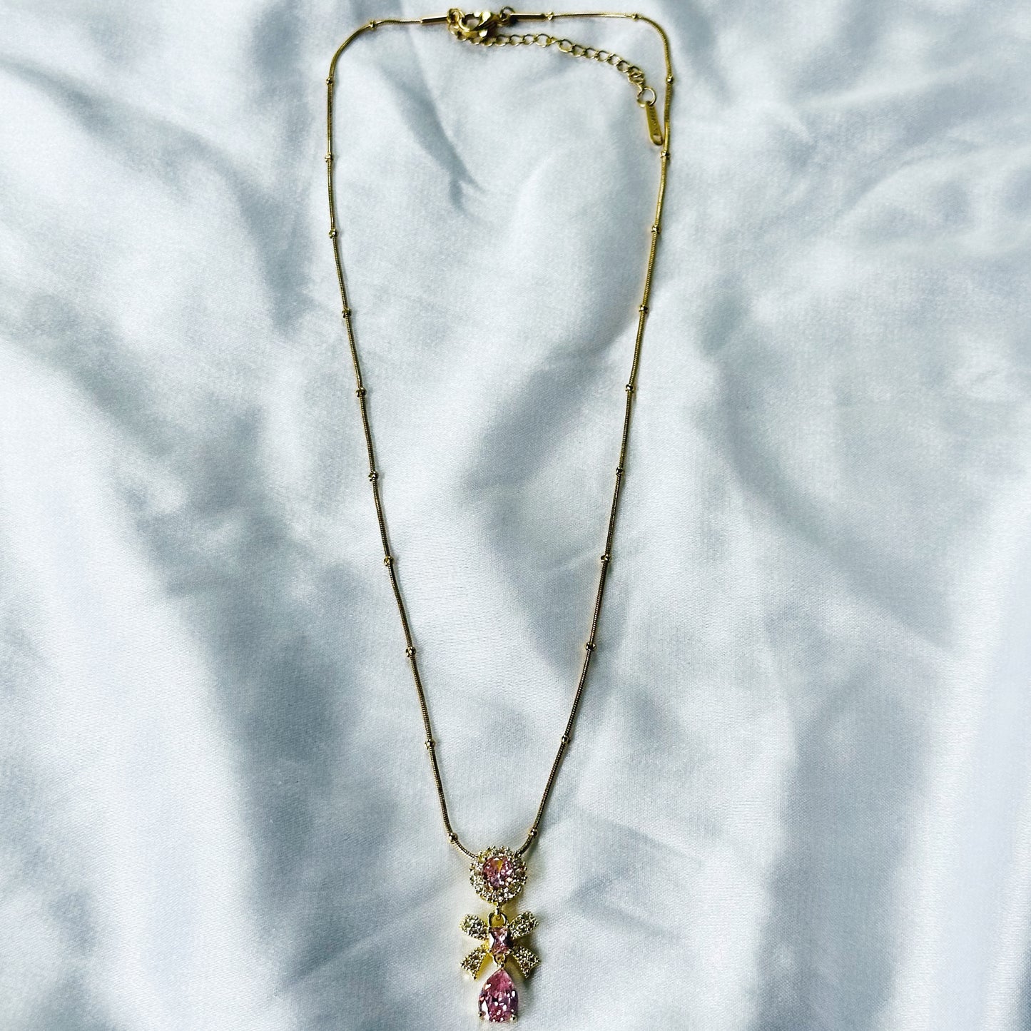 Pink Topaz Cubic Zirconia Tulip Design American Diamond Gold Plated Stainless Steel Necklace