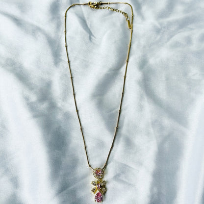 Pink Topaz Cubic Zirconia Tulip Design American Diamond Gold Plated Stainless Steel Necklace
