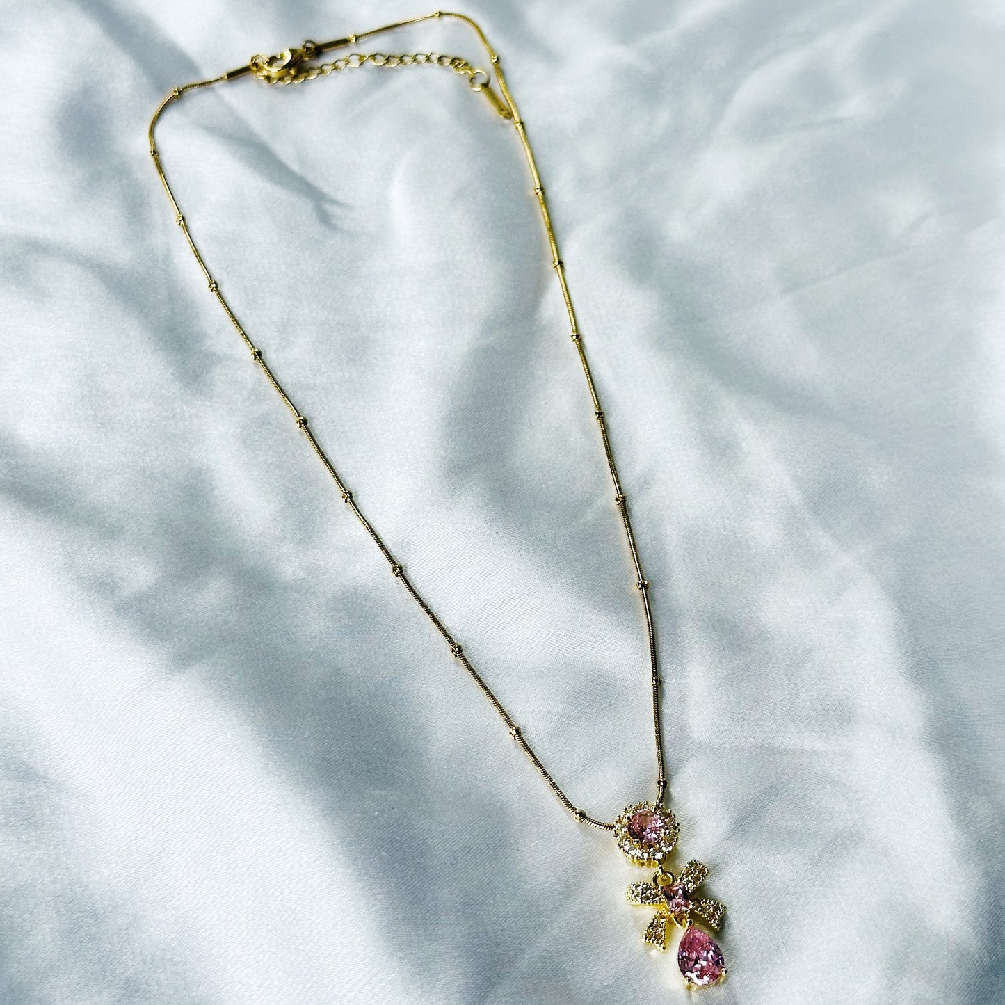Pink Topaz Cubic Zirconia Tulip Design American Diamond Gold Plated Stainless Steel Necklace